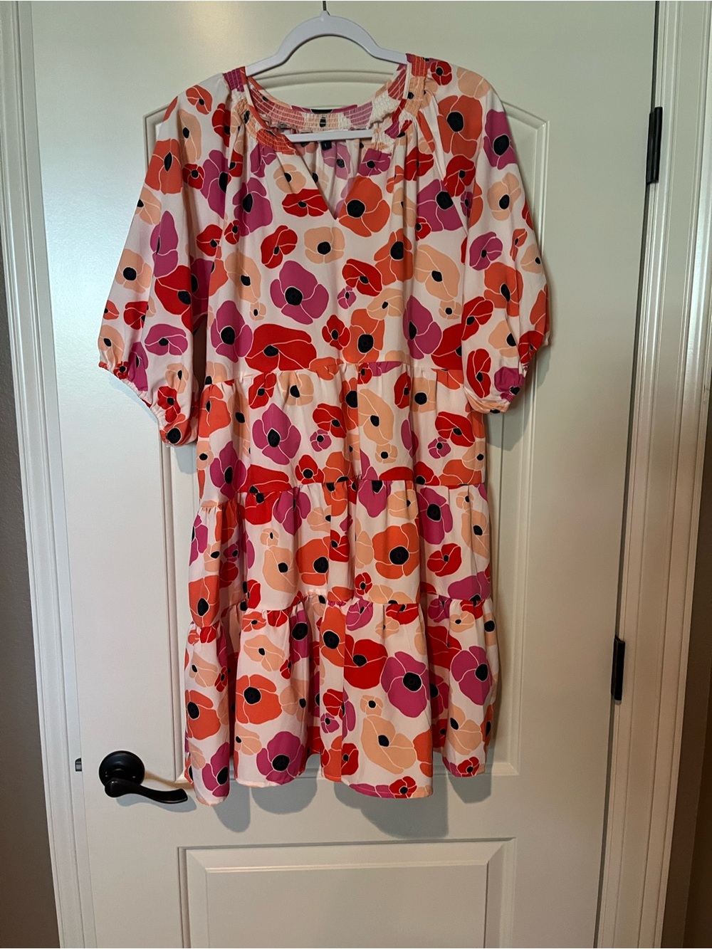 Floral Tiered Short-Sleeve Dress in Pink & Red